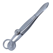 Lambert Chalazion Forceps, Large, Serrated Handle With Polished Finish, Locking Thumb Screw, Round Solid Lower Plate, Open Upper Plate With Inside Diameter Of 15mm, And Overall Length Of 3 3/4" (97mm)  